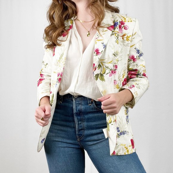 Vintage Oversized Linen Flax Blazer Floral Long Jacket Suit Coat Coastal Grandma - Picture 7 of 7